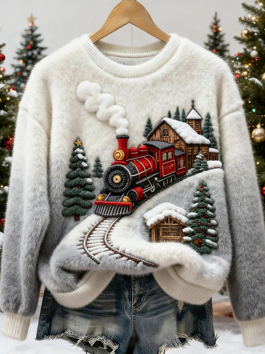 Női retro karácsonyi állat művészet nyomtatás kényelmes flanel pulóver