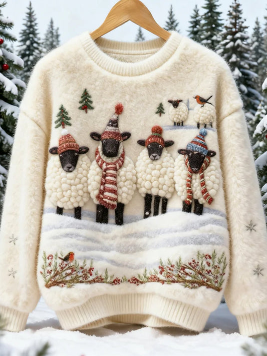 Női retro karácsonyi állat művészet nyomtatás kényelmes flanel pulóver