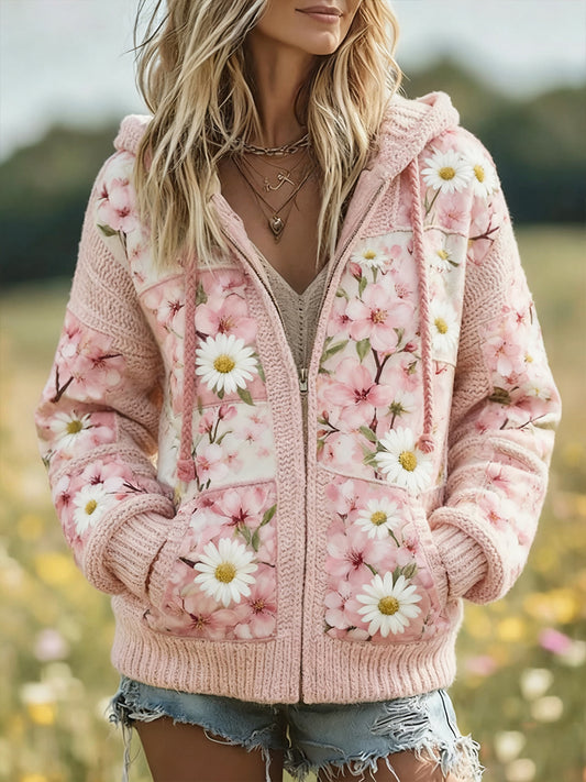 Női retro virág művészet nyomtatás alkalmi kényelmes pulóver cipzár kabát