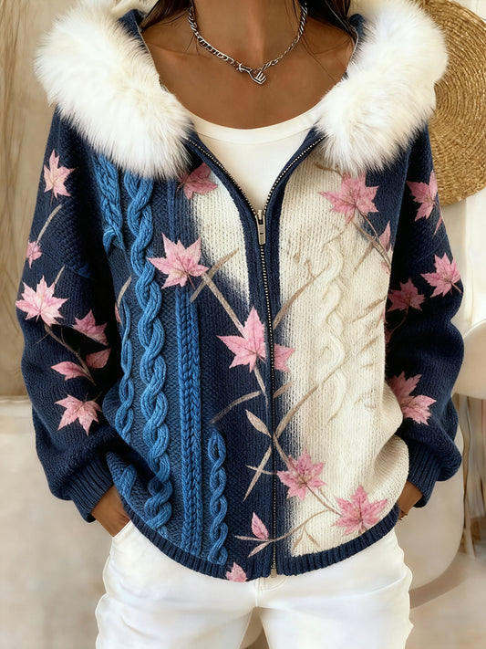 Női retro virágos művészet kényelmes plüss csuklyás kardigán