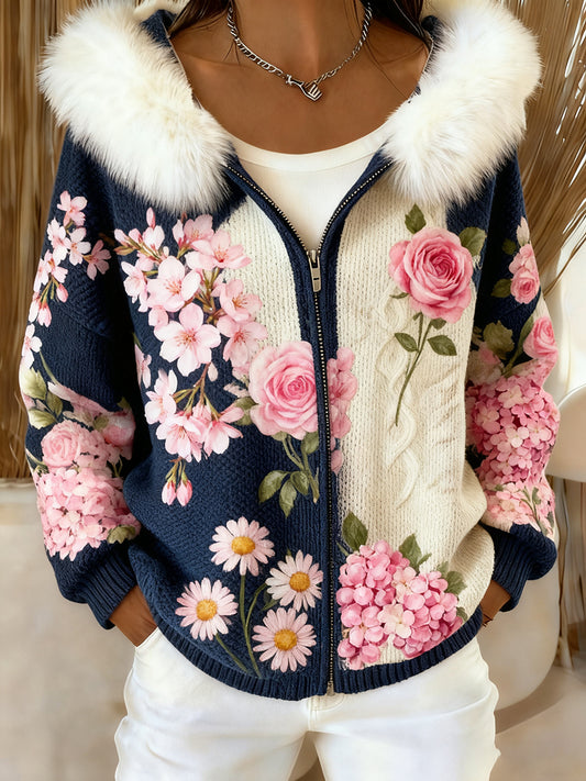 Női retro virágos művészet kényelmes plüss csuklyás kardigán