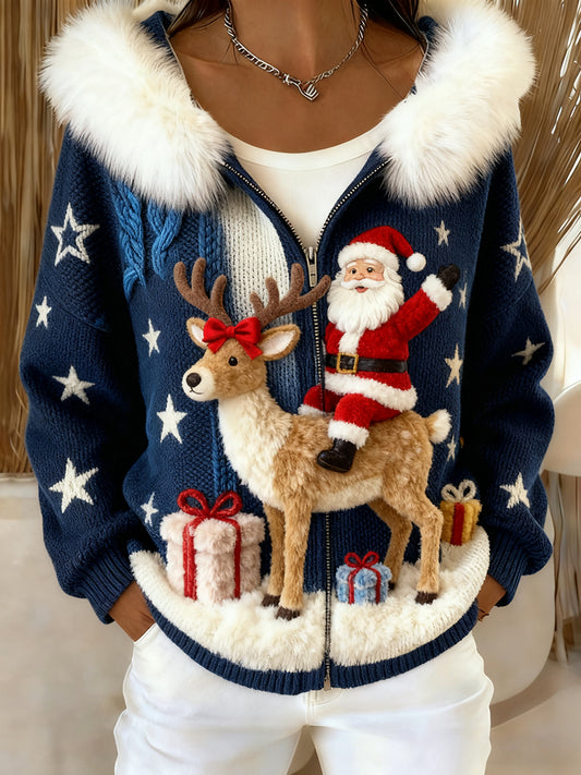 Női retro karácsonyi művészet kényelmes plüss csuklyás kardigán