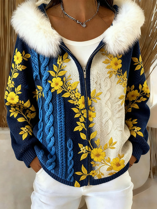 Női retro virágos művészet kényelmes plüss csuklyás kardigán