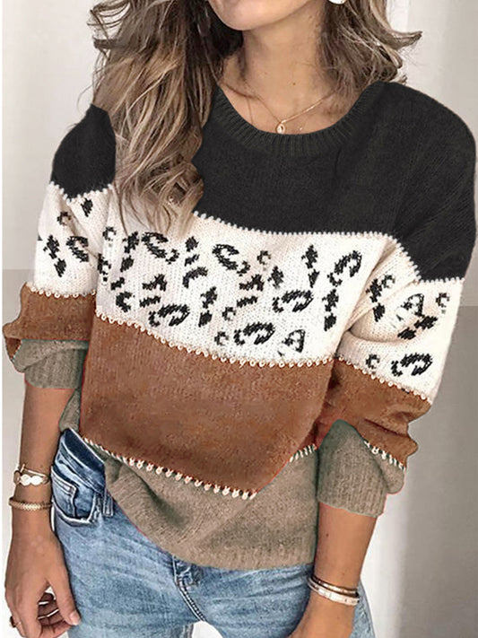 Női divatos leopard nyomtatás színes-blokk személyzet nyak pulóver