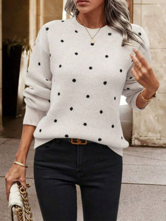 Női klasszikus fekete polka dot személyzet nyak pulóver