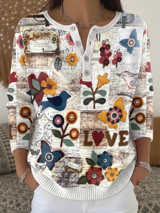 Női virágos kollázs divat henley nyak pulóver
