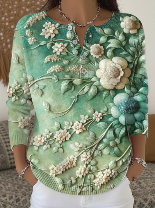 Női zöld 3d virágos divat henley nyak pulóver