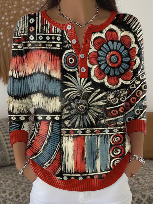 Női vintage virágos alkalmi henley nyak pulóver