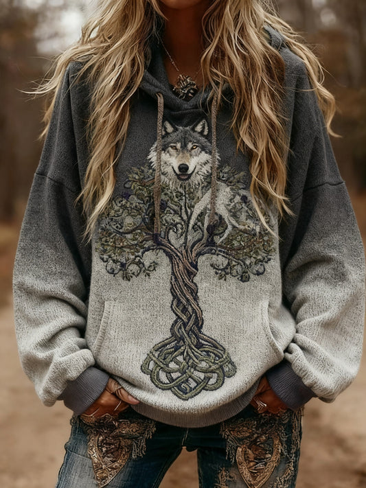 Női viking wolf kelta csomó az élet fája gradiens nyomtatás hosszú ujjú csuklyás pulóver