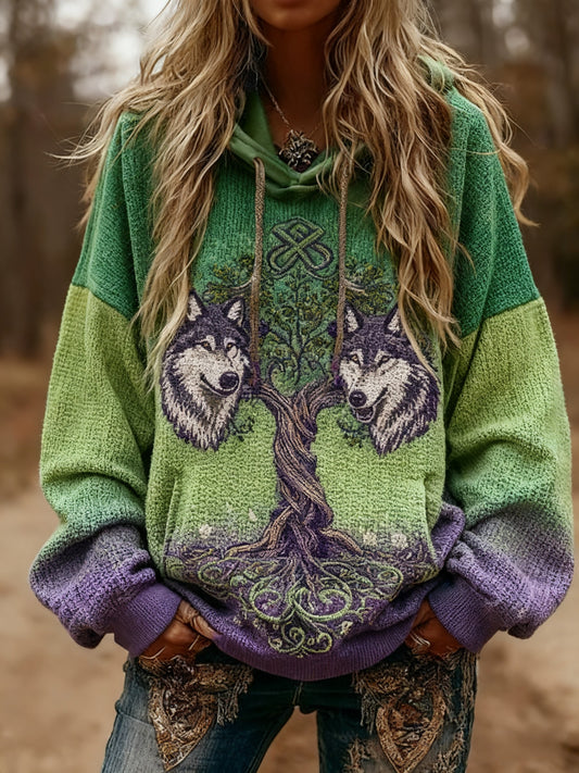 Női viking wolf kelta csomó az élet fája gradiens nyomtatás hosszú ujjú csuklyás pulóver