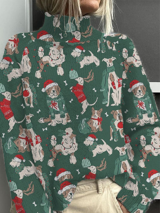 Női bájos karácsonyi kutya nyomtatás mock nyak pulóver