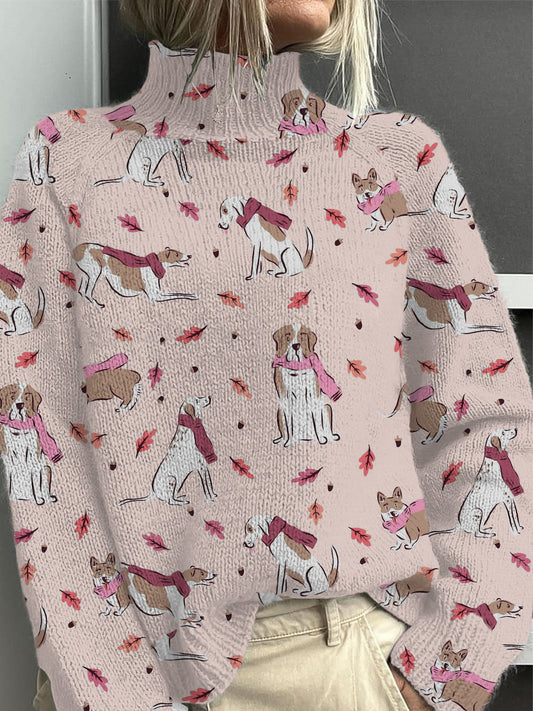 Női szép őszi kutya és levél nyomtatás mack nyak pulóver