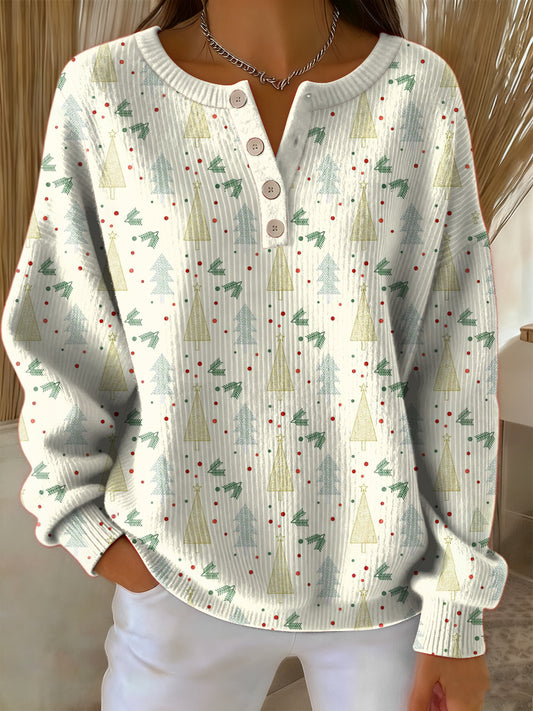 Női vintage karácsonyfa művészeti nyomtatás hosszú ujjú pulóver