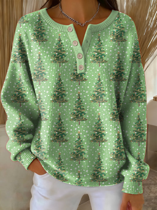 Női vintage karácsonyfa művészeti nyomtatás hosszú ujjú pulóver