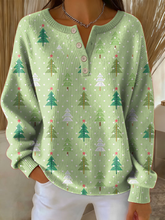 Női vintage karácsonyfa művészeti nyomtatás hosszú ujjú pulóver