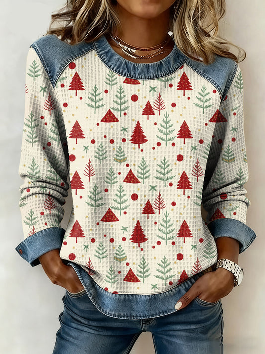 Női vintage karácsonyfa művészeti nyomtatás hosszú ujjú goffle top