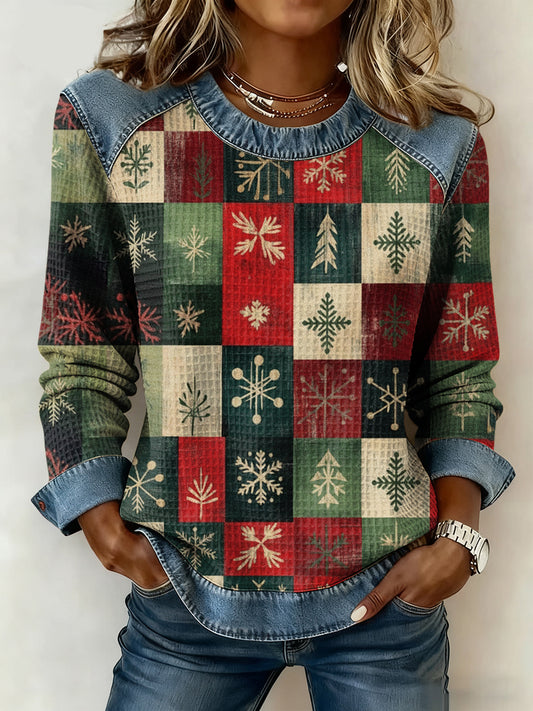 Női vintage karácsonyfa művészeti nyomtatás hosszú ujjú goffle top