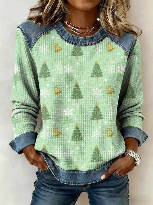 Női vintage karácsonyfa művészeti nyomtatás hosszú ujjú goffle top
