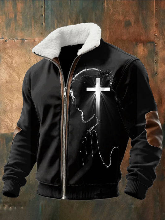 Retro absztrakt báránygyapjú patchwork zip kabát