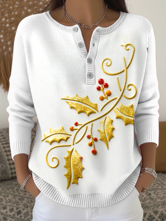 Női karácsonyi arany virágos henley nyak pulóver