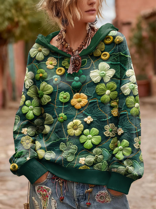 Női zöld virágos alkalmi kapucnis pulóver