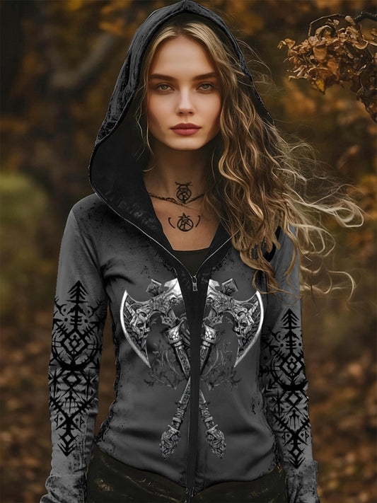 Női bonyolult viking axe nyomtatás zip-up kapucnis