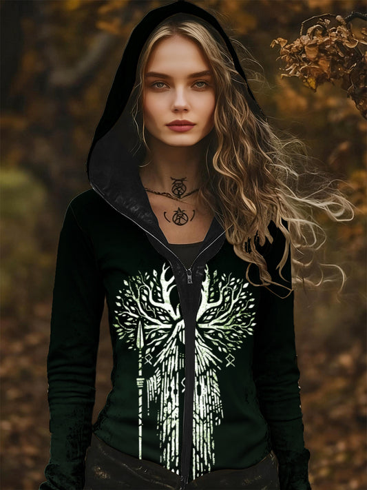 Női izzó yggdrasil fa nyomtatás zip-up kapucnis