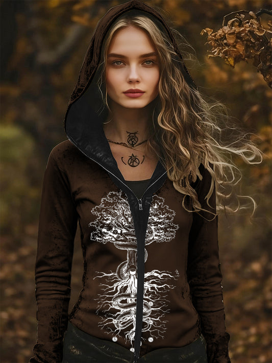 Női részletes yggdrasil & serpent nyomtatás zip-up kapucnis