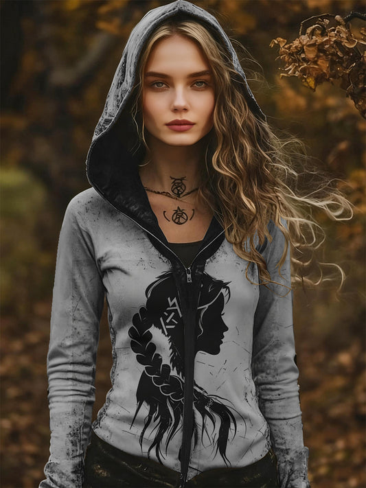 Női stílusos viking copf sziluett nyomtatás zip-up kapucnis
