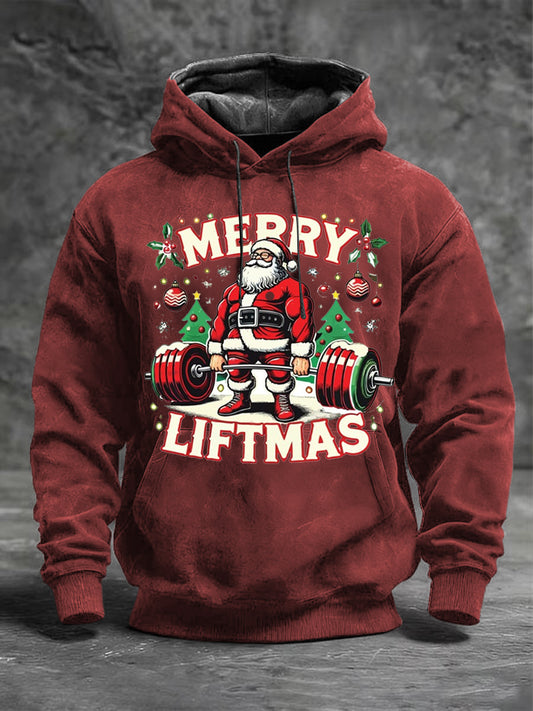 Férfi piros "vidám liftmas" santa súlyemelés nyomtatás hoodie