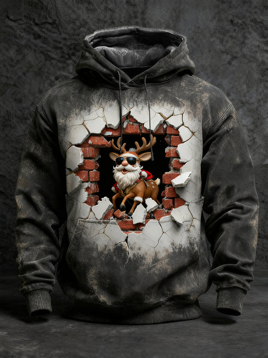Férfi fekete szorult santa rénszarvas nyomtatás hoodie