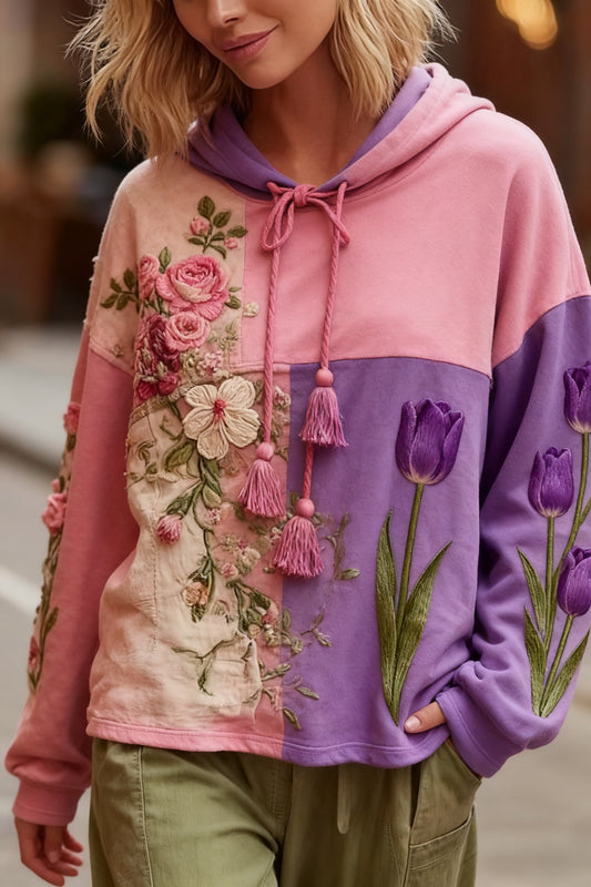 Retro mellrák megelőzés virágos patchwork nyomtatott csuklyás pulóver