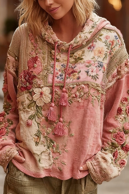 Retro mellrák megelőzés virágos patchwork nyomtatott csuklyás pulóver