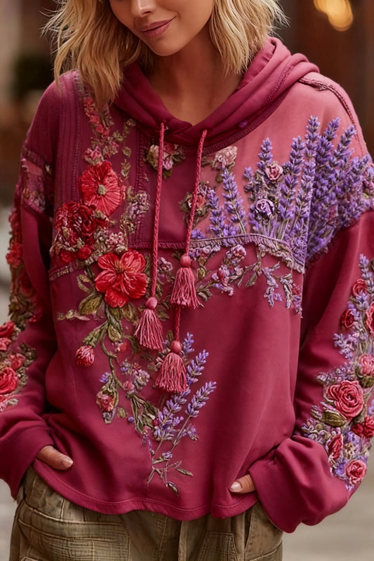 Retro mellrák megelőzés virágos patchwork nyomtatott csuklyás pulóver