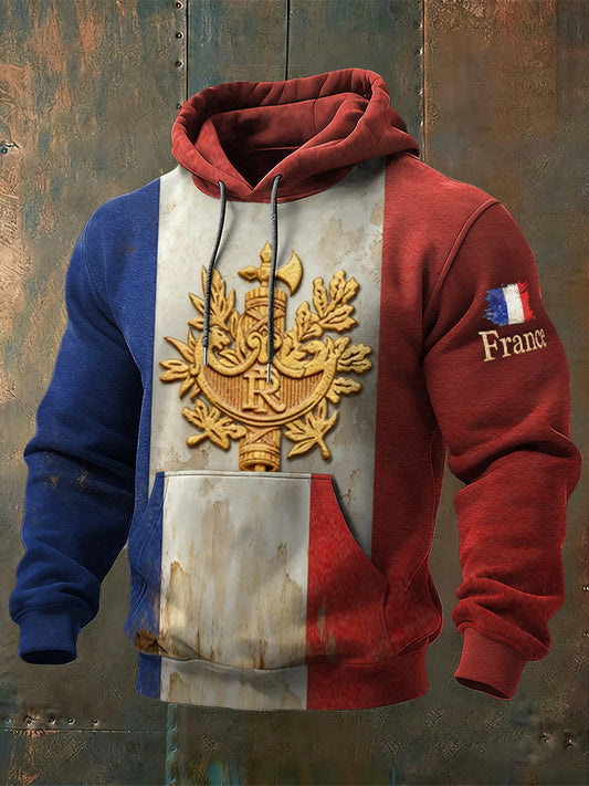 Férfi francia zászló alkalmi csuklyás pulóver