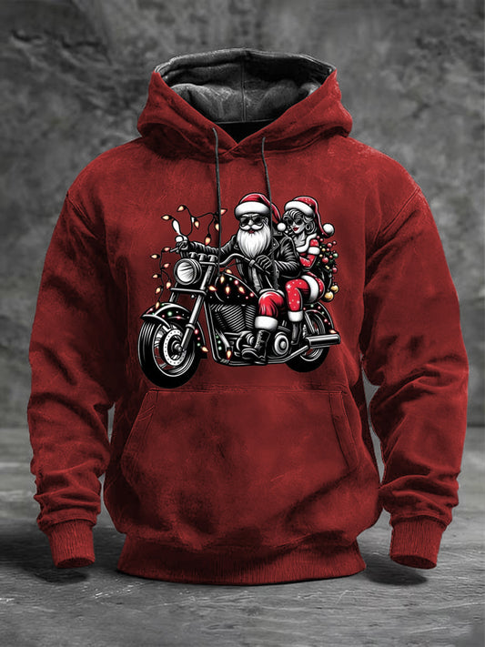 Férfi piros santa pár motorkerékpár nyomtatás hoodie
