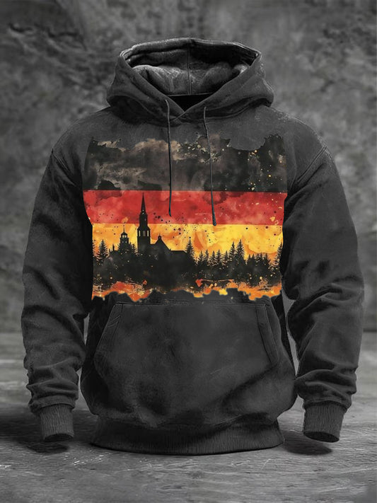 Férfi fekete szorult németország zászló & templom nyomtatás hoodie