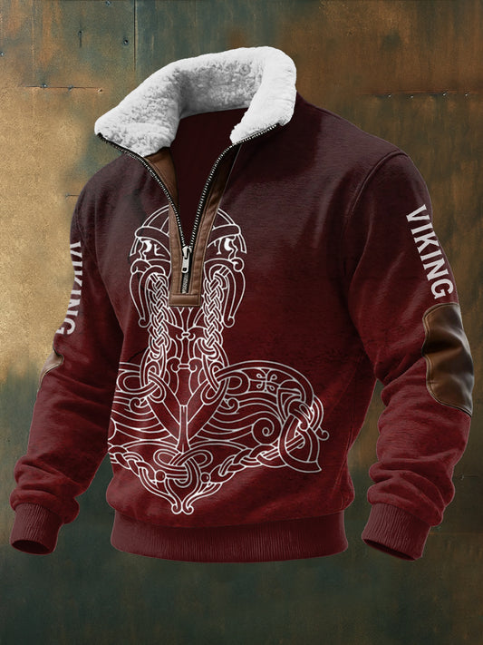 Férfi viking nyomtatott hosszú ujjú állni gallér bárányhaj cipzár felső