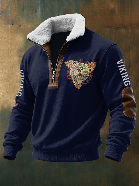 Férfi viking nyomtatott hosszú ujjú állni gallér bárányhaj cipzár felső
