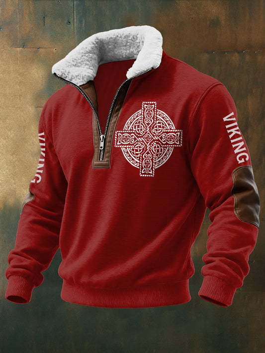 Férfi viking nyomtatott hosszú ujjú állni gallér bárányhaj cipzár felső