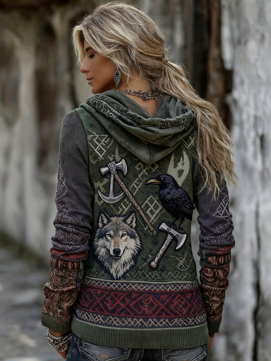 Női retro kelta harcos wolf holló gradiens kardigán kötött kabát