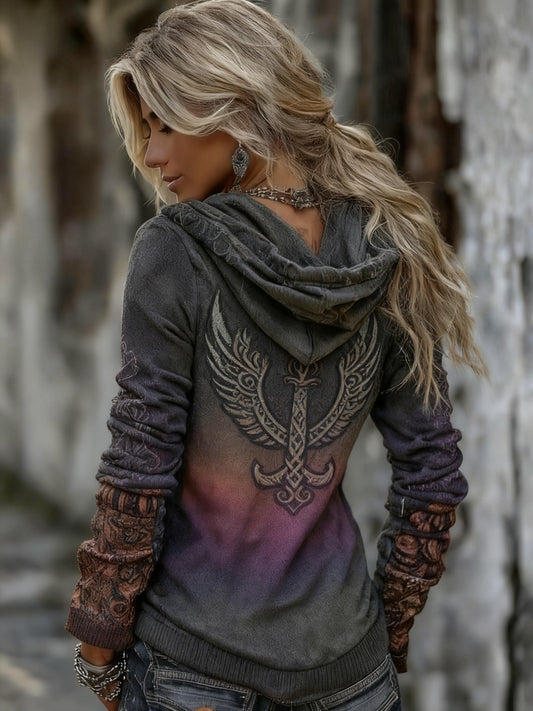 Női retro kelta harcos szárnyak gradiens kardigán kötött kabát