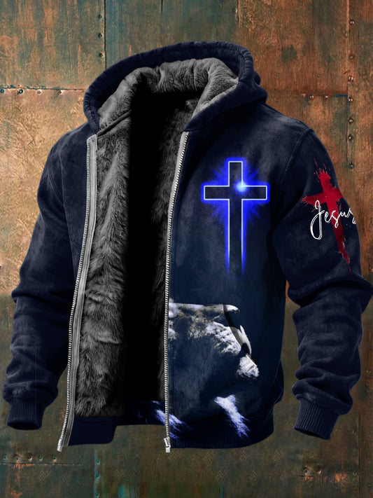 Retro jesus lion fleece-bélelt kapucnis kabát