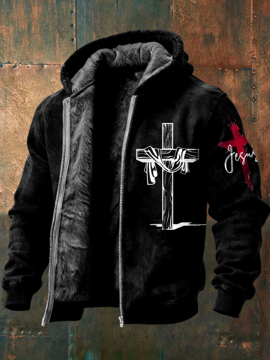 Retro jézus kereszt gyapjú-bélelt csuklyás kabát