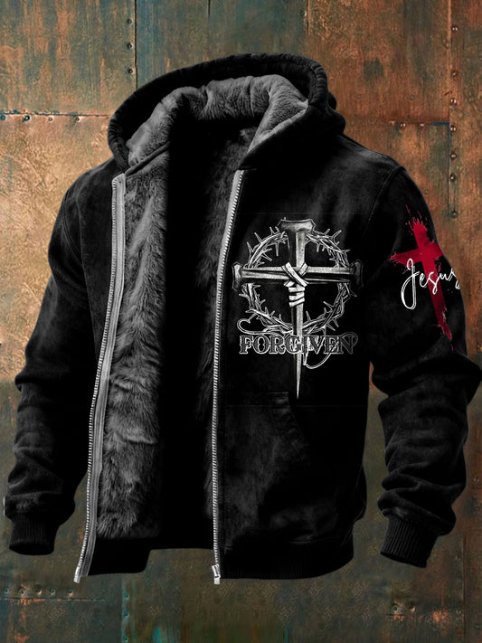 Retro jézus megbocsátás gyapjú-bélelt csuklyás kabát