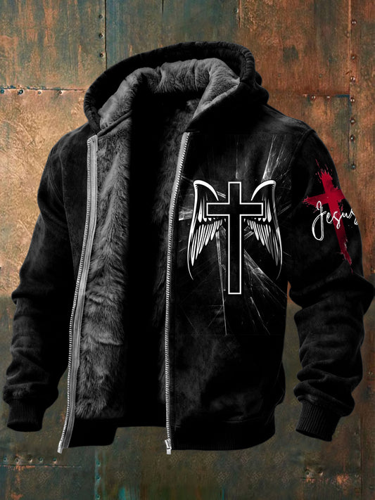 Retro faith wings cross fleece-bélelt csuklyás kabát