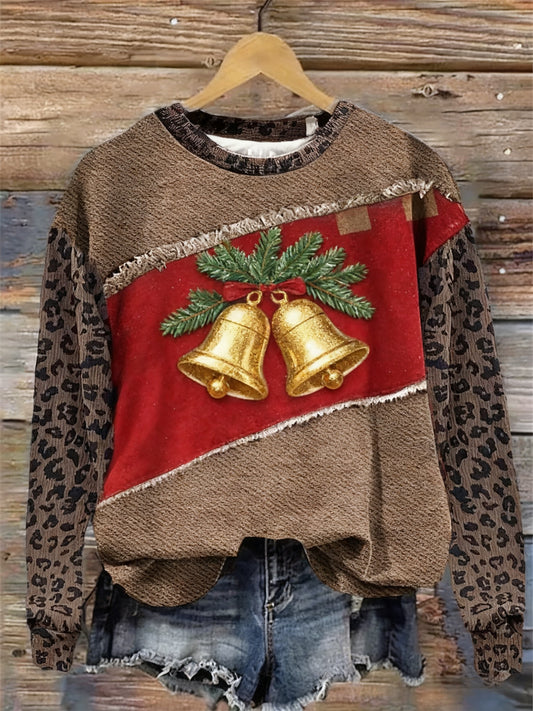 Retro karácsonyi művészet denim leopard patchwork nyomtatott alkalmi laza hosszú ujjú pulóver