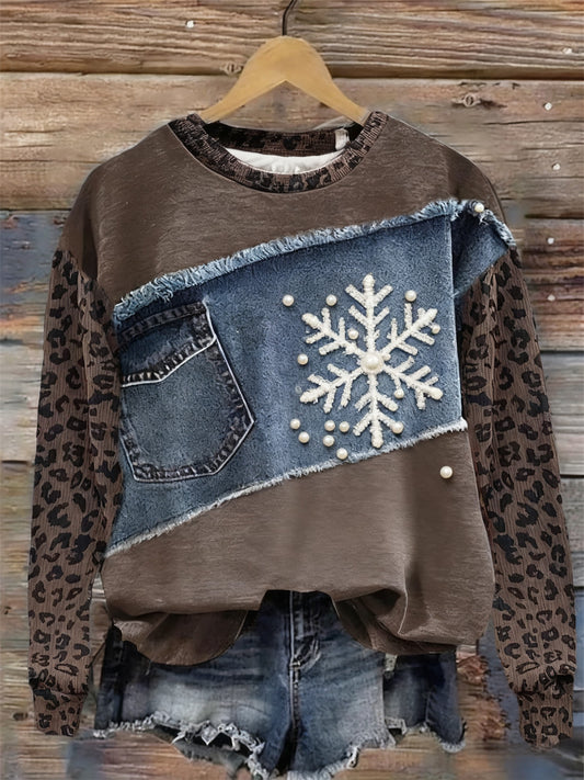 Retro karácsonyi művészet denim leopard patchwork nyomtatott alkalmi laza hosszú ujjú pulóver