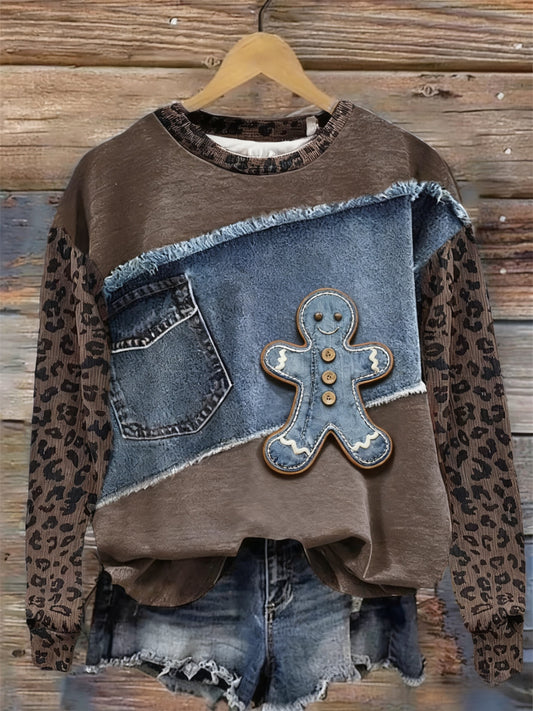 Retro karácsonyi művészet denim leopard patchwork nyomtatott alkalmi laza hosszú ujjú pulóver