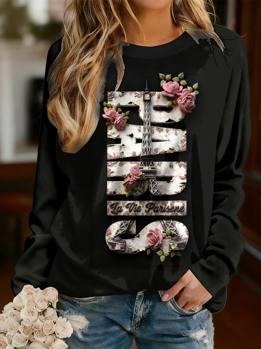 Női francia párizs nyomtatott alkalmi hosszú ujjú póló